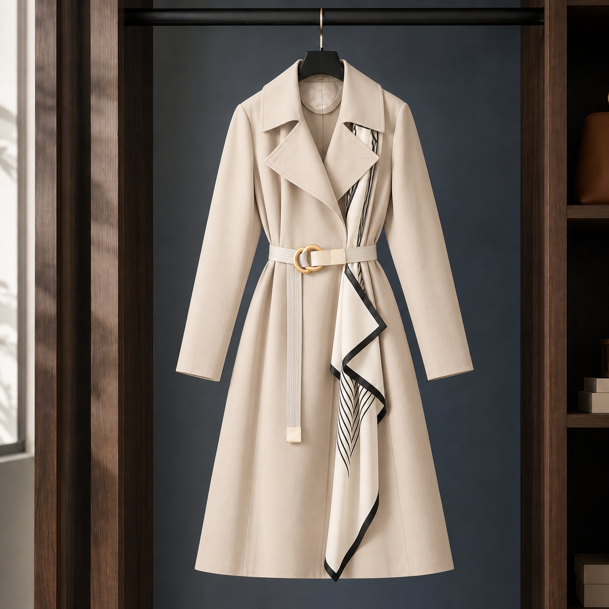 Emilia | Cappotto a Mezza Lunghezza con Cintura e Pannello a Contrasto