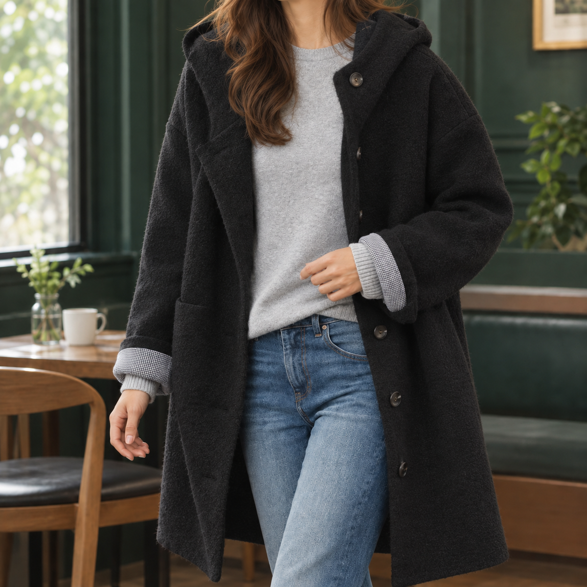 Graziella | Cappotto Lungo in Misto Lana con Cappuccio