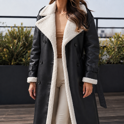 Luisa | Cappotto Lungo Doppiopetto con Cintura e Finiture a Contrasto