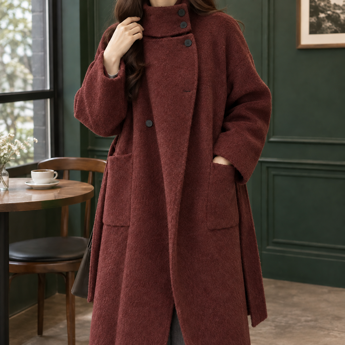 Carolina | Cappotto Lungo in Misto Lana con Cintura e Collo Alto