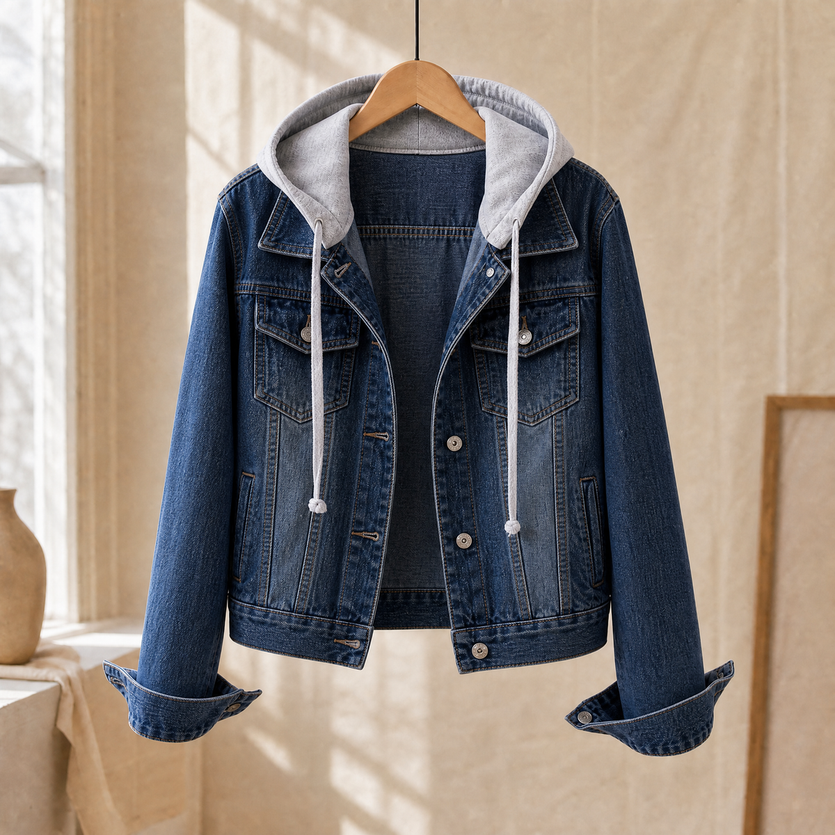 Zoe | Giacca di Jeans con Cappuccio e Cordoncino a Contrasto