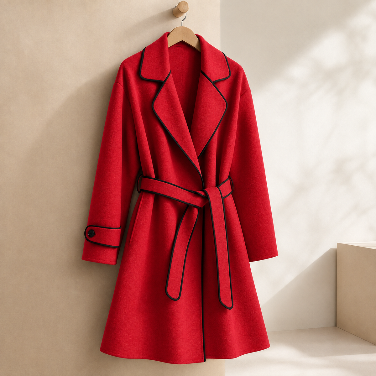 Regina | Cappotto Avvolgente con Cintura e Bordini a Contrasto