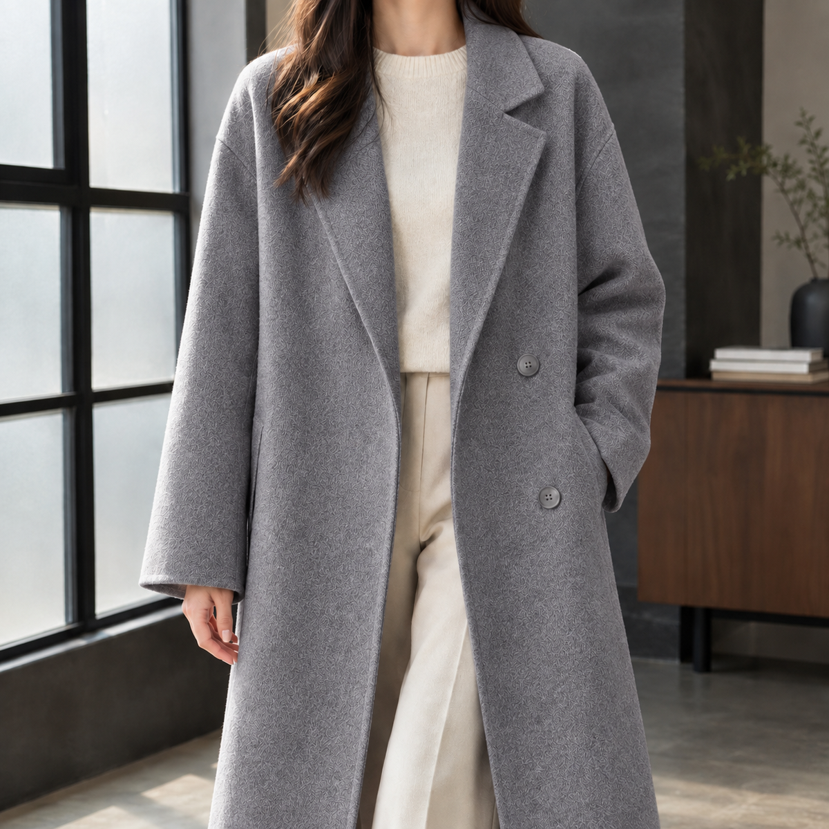 Clara | Cappotto Lungo Doppiopetto in Misto Lana
