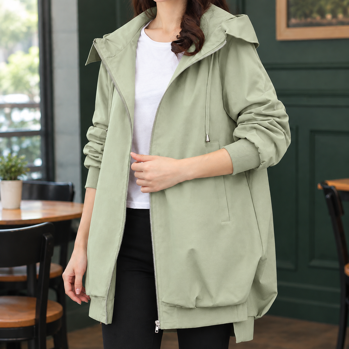Morena | Giacca Lunga con Cappuccio e Zip Frontale