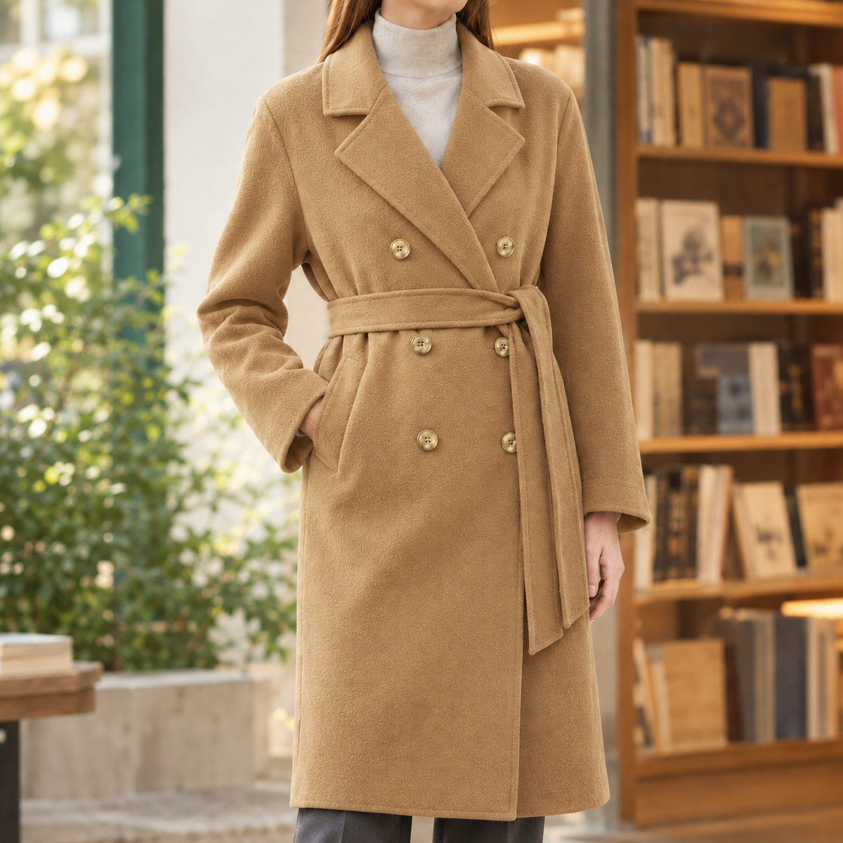 Isotta | Cappotto Lungo Doppiopetto Effetto Lana con Cintura