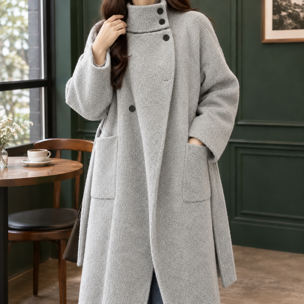 Carolina | Cappotto Lungo in Misto Lana con Cintura e Collo Alto