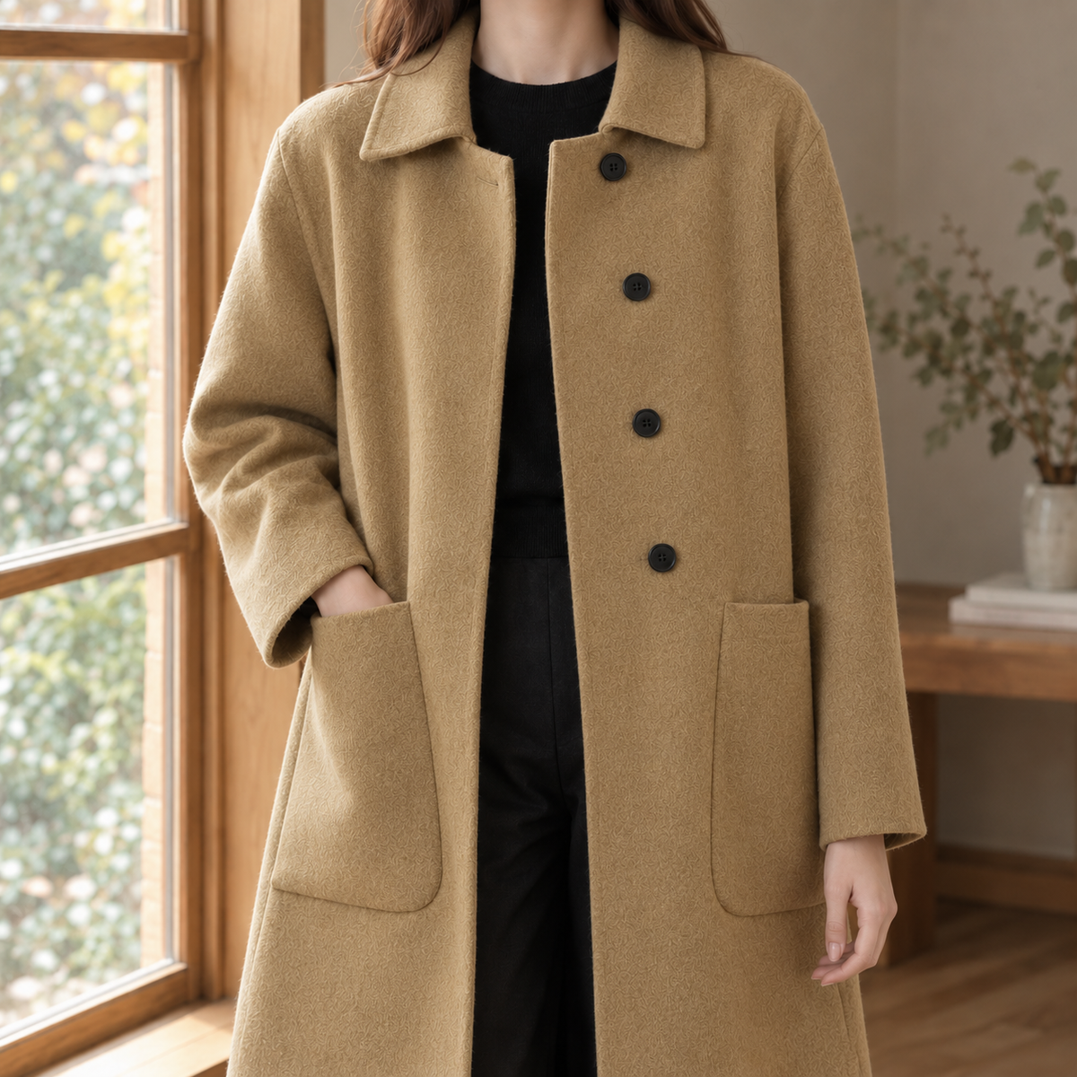 Barbara | Cappotto Lungo Monopetto in Lana con Tasche a Toppa