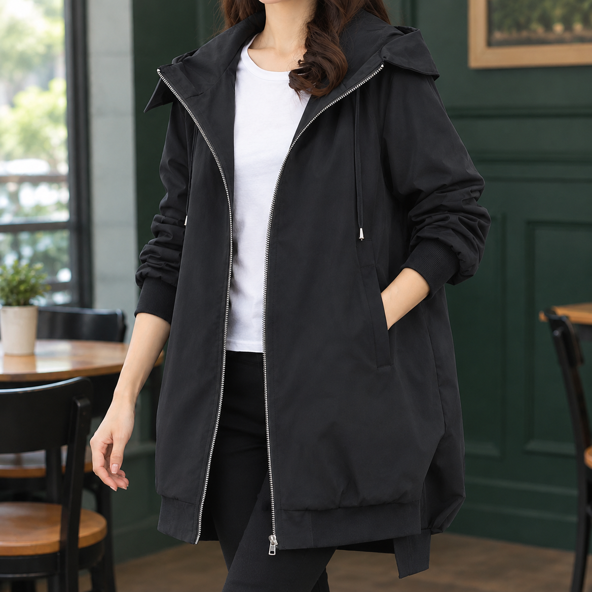 Morena | Giacca Lunga con Cappuccio e Zip Frontale
