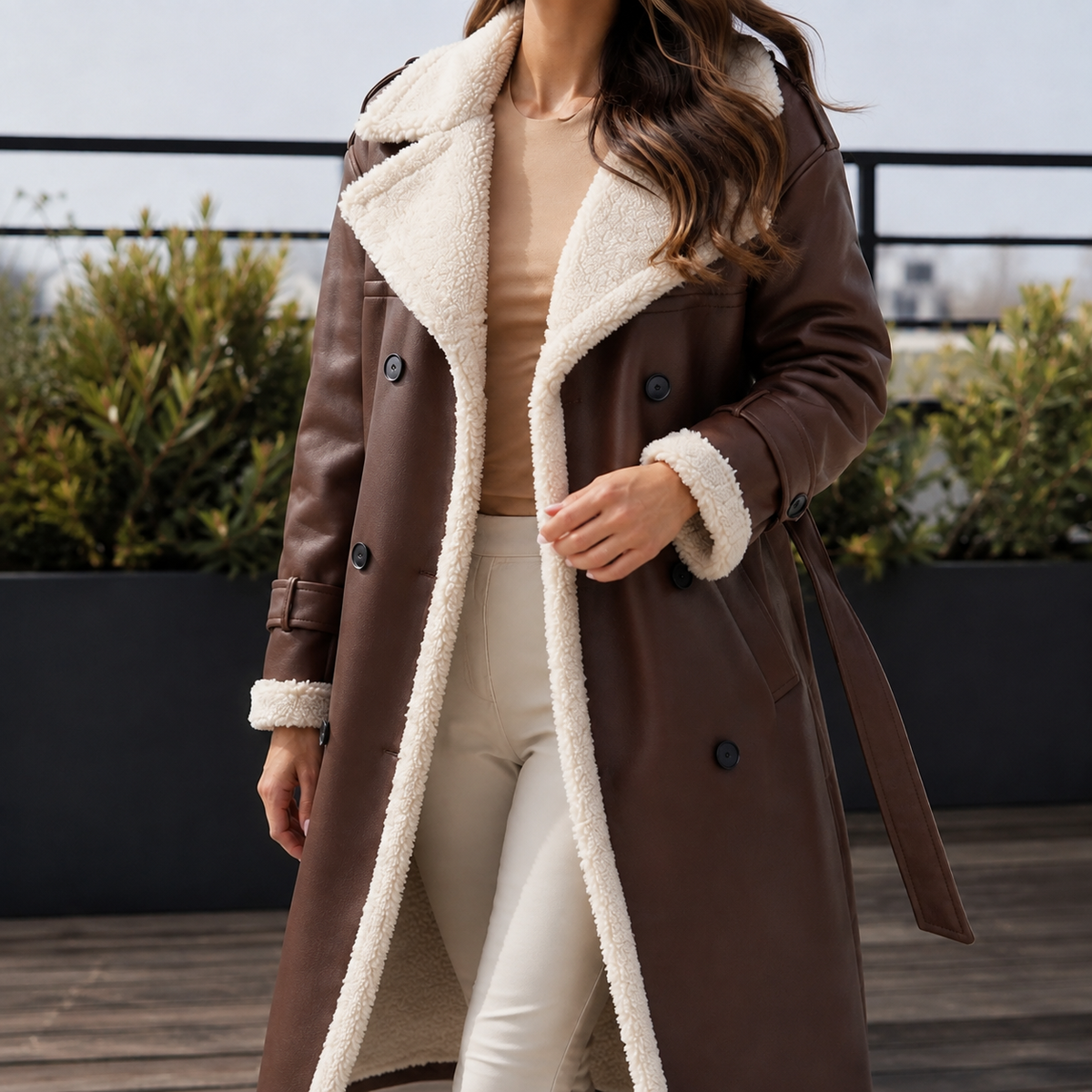 Luisa | Cappotto Lungo Doppiopetto con Cintura e Finiture a Contrasto