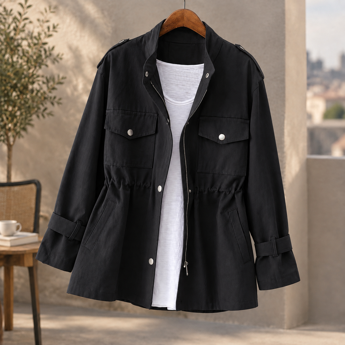 Savina | Giacca Utility con Coulisse in Vita e Collo Alto