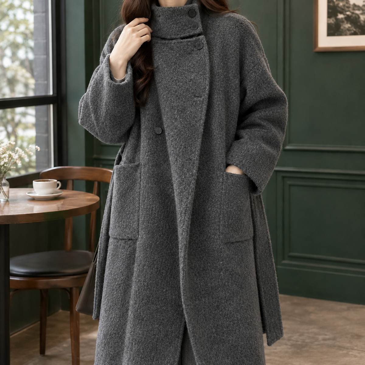 Carolina | Cappotto Lungo in Misto Lana con Cintura e Collo Alto