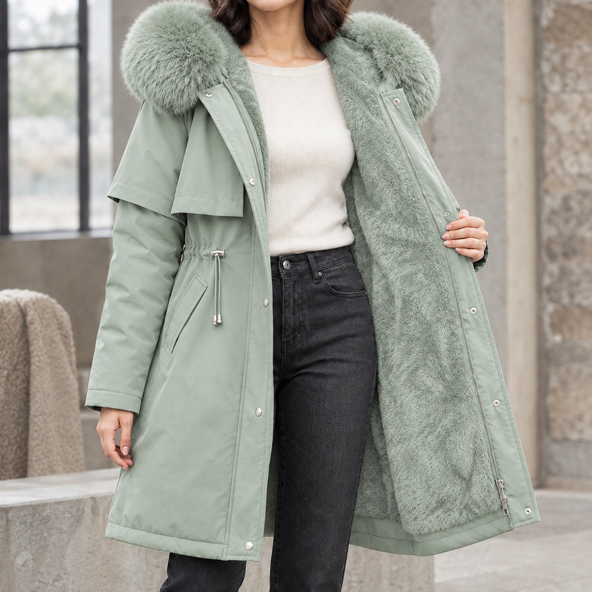 Ambra | Parka Lungo con Cappuccio e Interno in Peluche