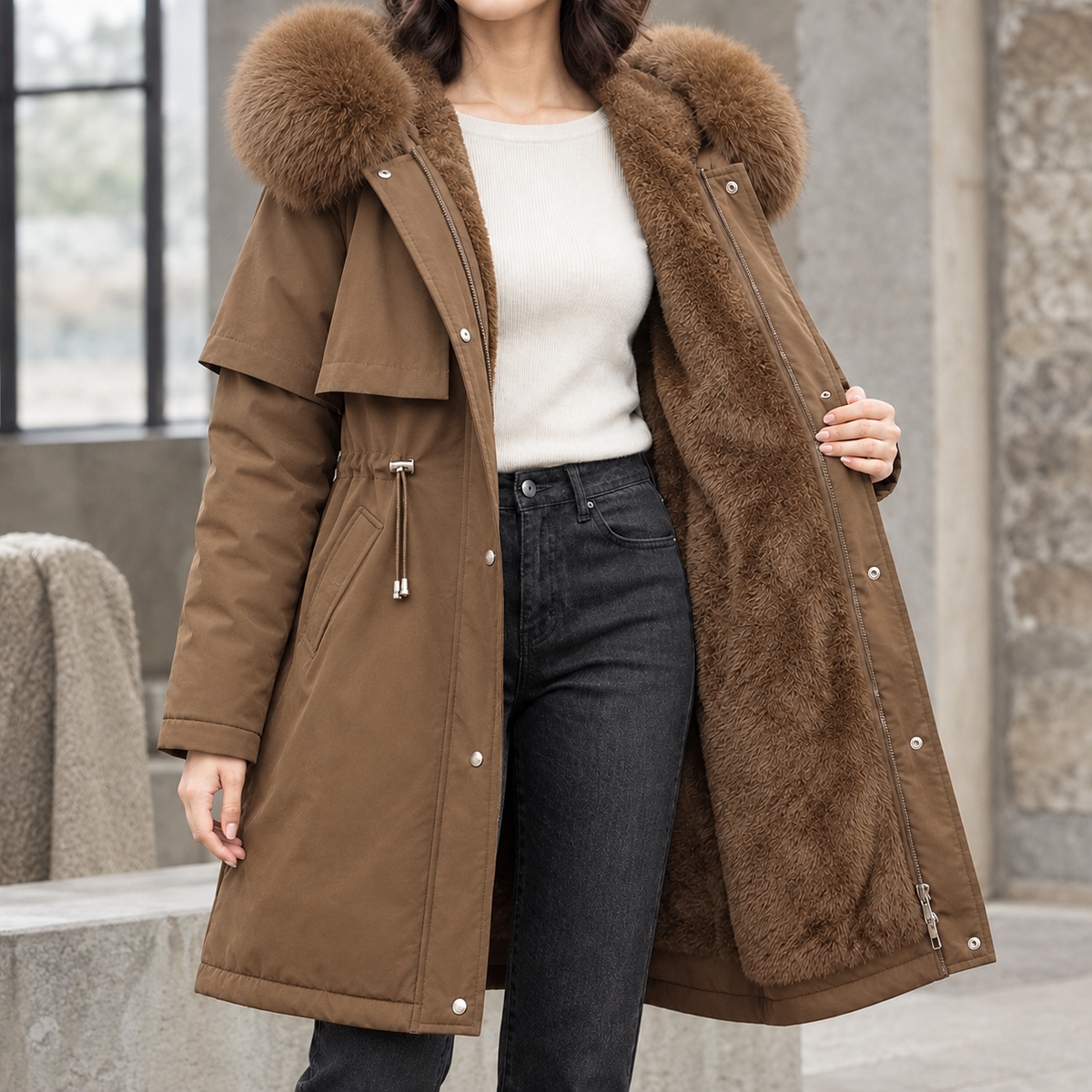 Ambra | Parka Lungo con Cappuccio e Interno in Peluche