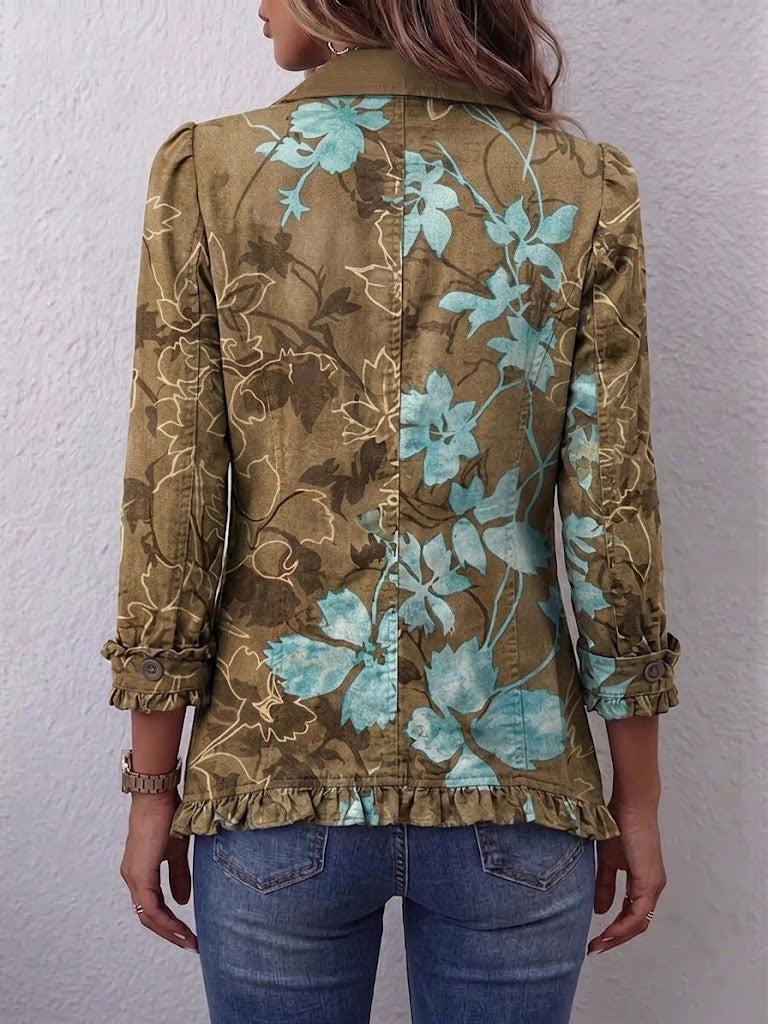 Jutta™ | Blazer in Oliva con Fiori Turchesi