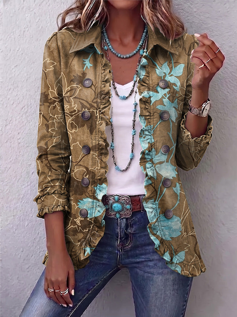 Jutta™ | Blazer in Oliva con Fiori Turchesi