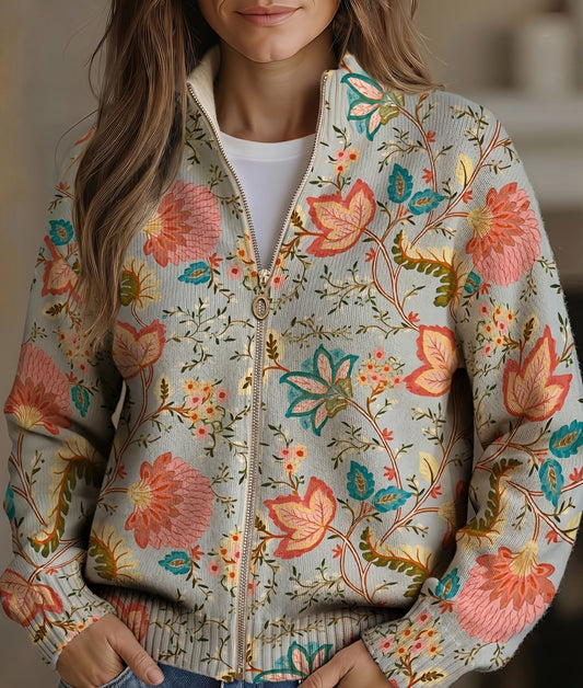 Caterina | Giacca a maglia con zip e fiori vintage